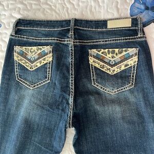 Dark Blue Boot Cut Jeans with Embroidered Leopard Accent